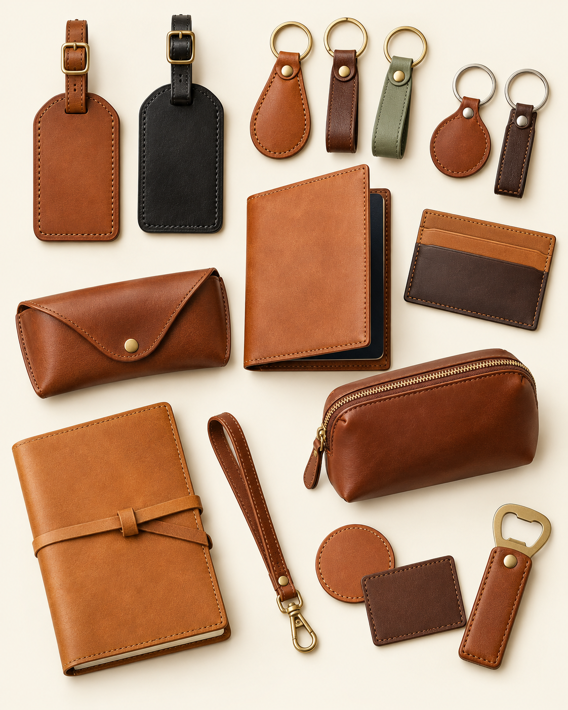 Personalized leather favors including luggage tags and keychains
