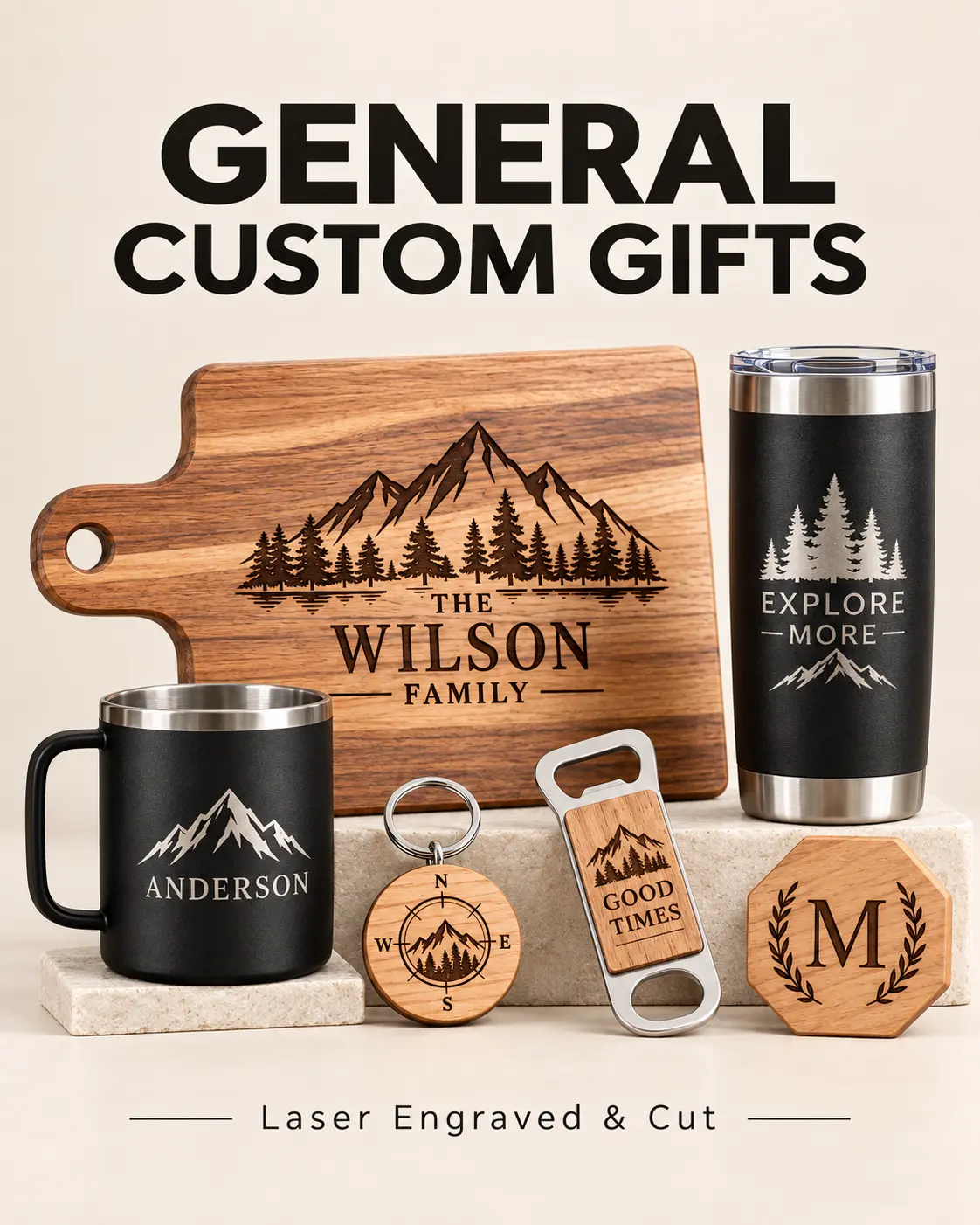 Personalized cutting board, drinkware and keepsakes